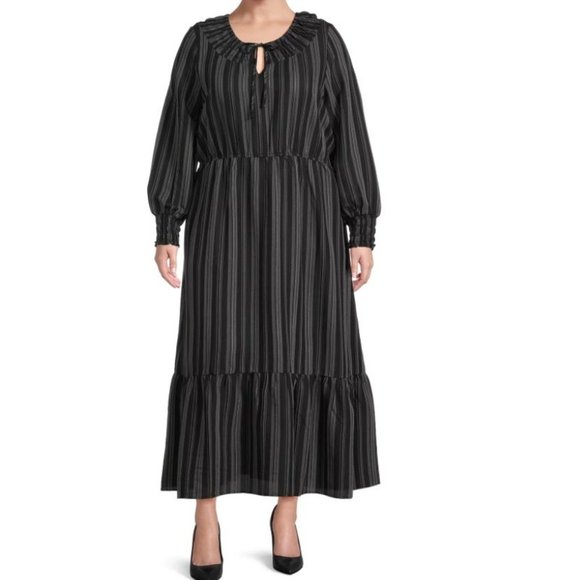 Terra & Sky Peasant Tiered Boho Maxi Dress Black Ikat Striped 2X NEW - Picture 1 of 7